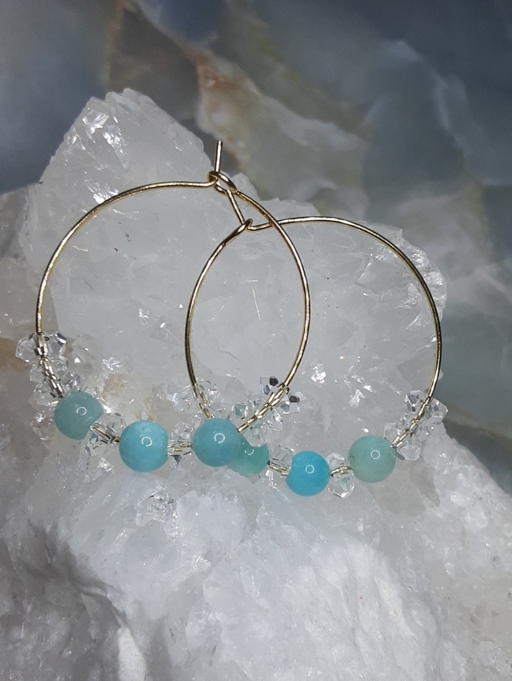 G. Stainless Steel, Herkimer Diamond Quartz, Amazonite Hoops, Price Is Firm.